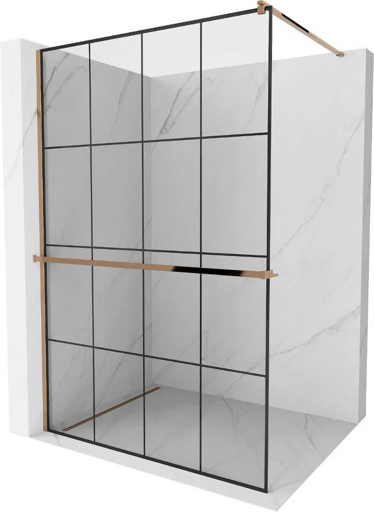 Walk-in dušo sienelė Mexen Kioto+ su lentynėle, Rose Gold/Juodas raštas, 130 x 200 cm
