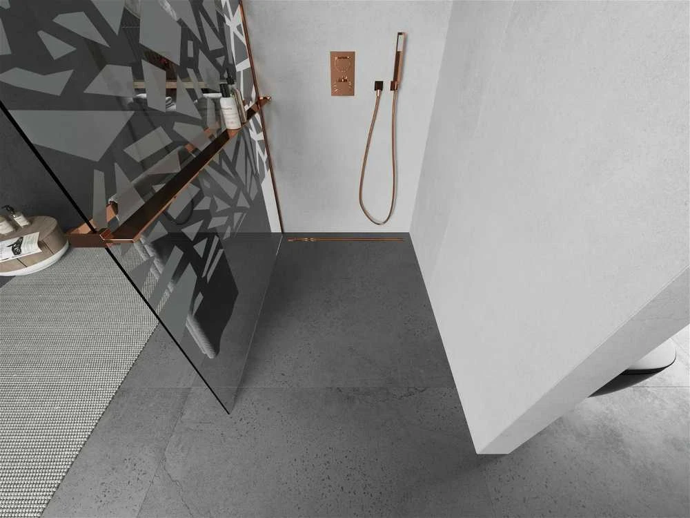 Walk-in dušo sienelė Mexen Kioto+ su lentynėle, Rose Gold/Baltas raštas, 90 x 200 cm