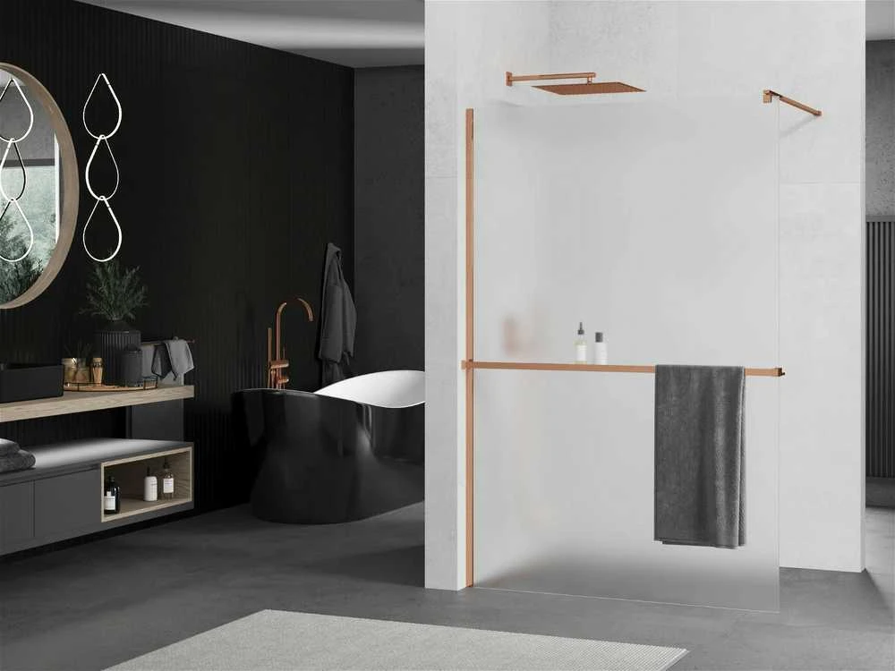 Walk-in dušo sienelė Mexen Kioto+ su lentynėle, Rose Gold/matinis stiklas, 120 x 200 cm