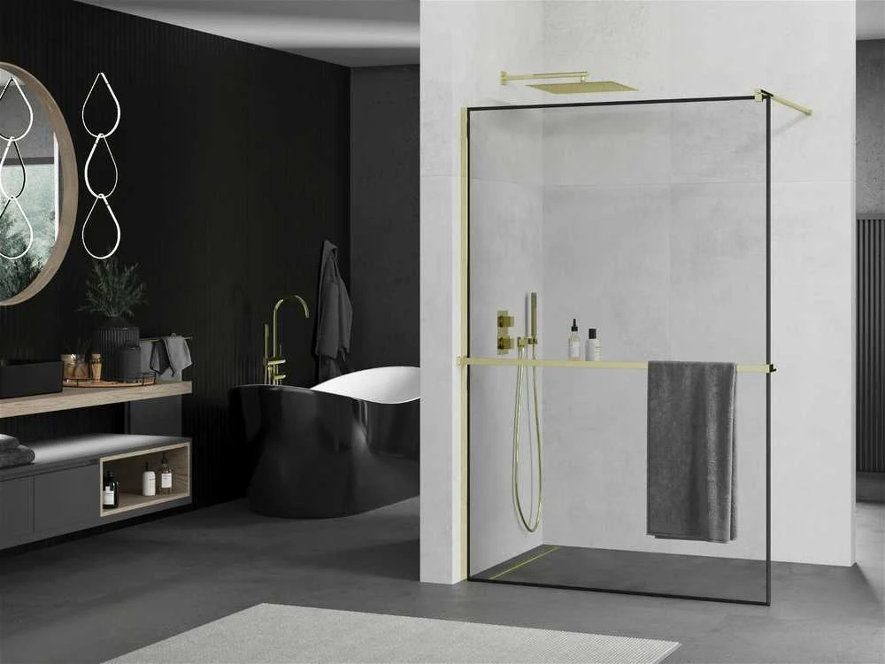 Walk-in dušo sienelė Mexen Kioto+ su lentynėle, Gold/juodas frame, 140 x 200 cm