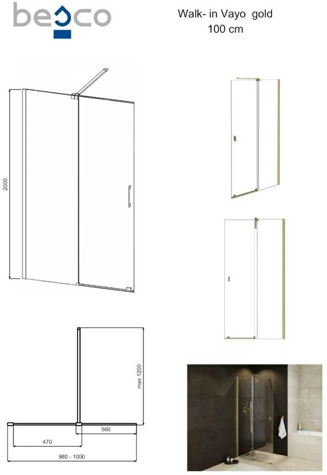 Walk-In stumdoma dušo sienelė Besco Vayo Gold, 100 x 200 cm