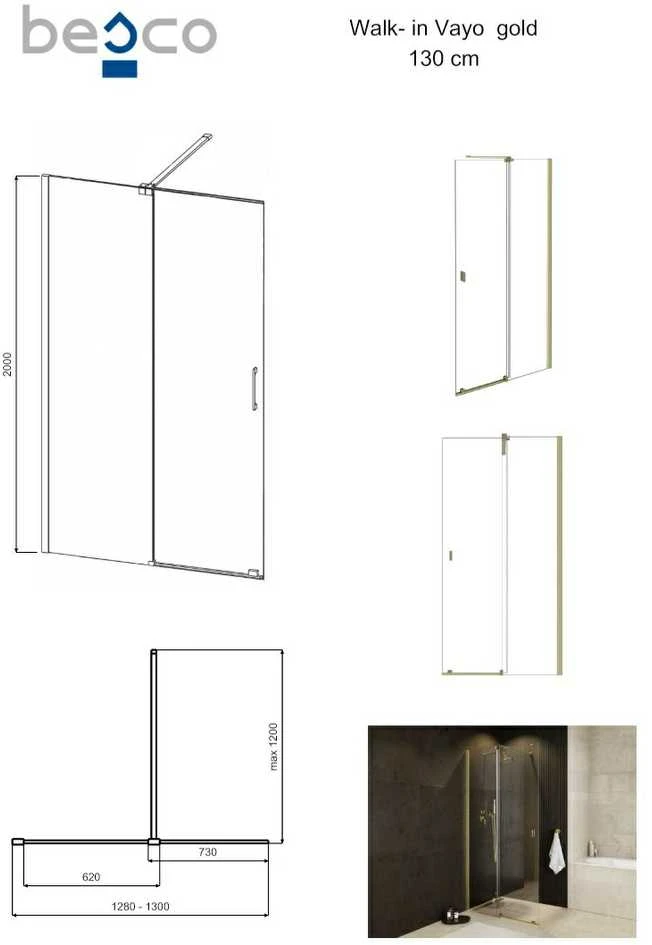 Walk-In stumdoma dušo sienelė Besco Vayo Gold, 130 x 200 cm