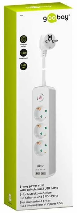 „Goobay“ | 41264 3 krypčių maitinimo lizdas su jungikliu ir USB | Lizdų kiekis: 3