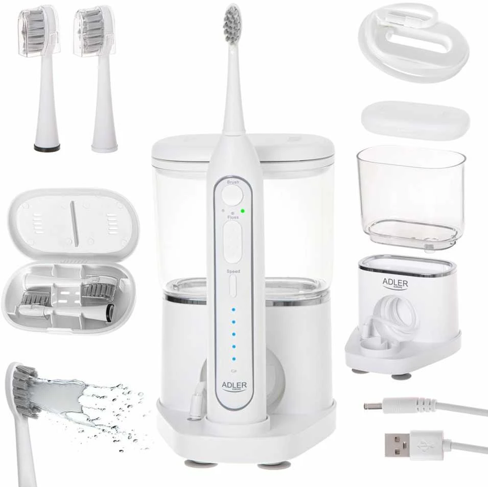 Dantų šepetėlis Adler | 2-in-1 Vanduo Flossing Sonic | AD 2180w | Įkraunamas | Suaugusiems | Šepetėlių skaičius galvutės įeina 2 | Number of teeth brushing modes 1 | Baltas