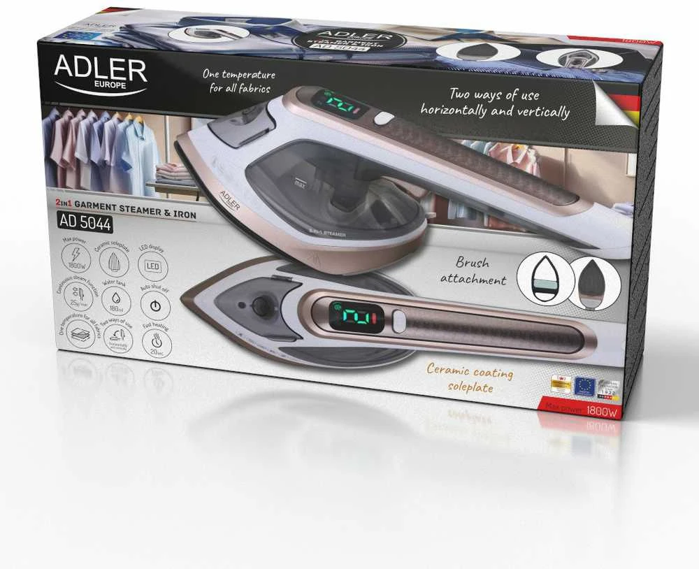 Adler 2in1 drabužių garintuvas ir lygintuvas | AD 5044 | Rankinis | 1400 W | 0,18 l | 25 g/min | Baltas/Auksinis