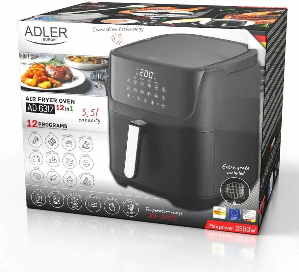 Gruzdintuvė Adler AD 6317 Air Fryer Oven, 12 programs, 5.5 L, Juodas