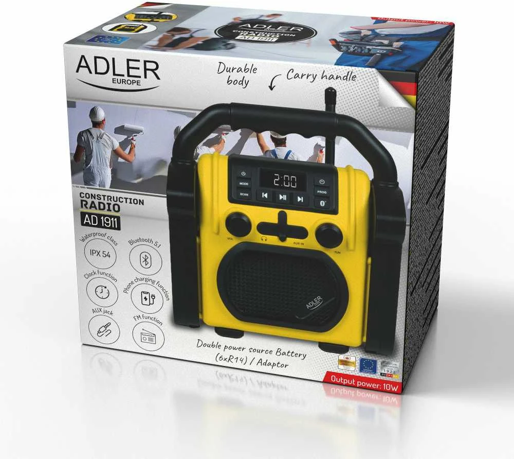 Adler | Construction radio with Bluetooth | AD 1911 | AUX in | Juodas/Geltona