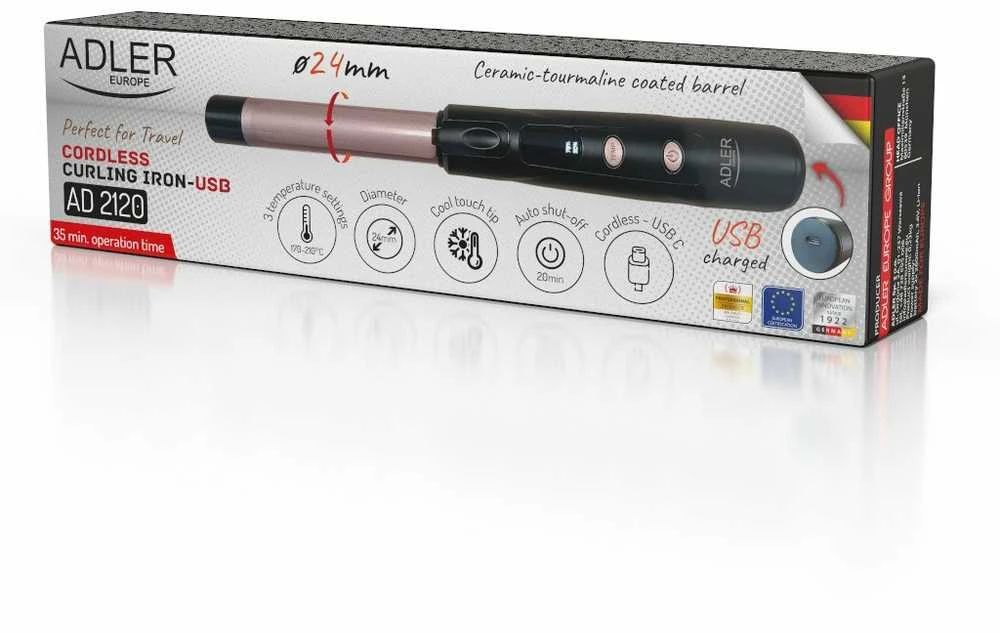 Adler Cordless Curling Iron | AD 2120 | Temperature (min) 170 °C | Ekranas LED | Juodas/Rose Gold