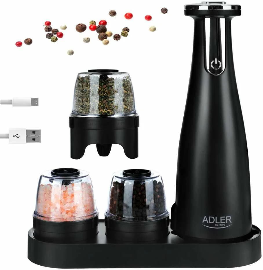 Adler | Elektrinis druskos ir pipirų malūnėlis | AD 4449b | Korpuso medžiaga ABS plastikas | 7 W | Ličio | Matinis Juodas