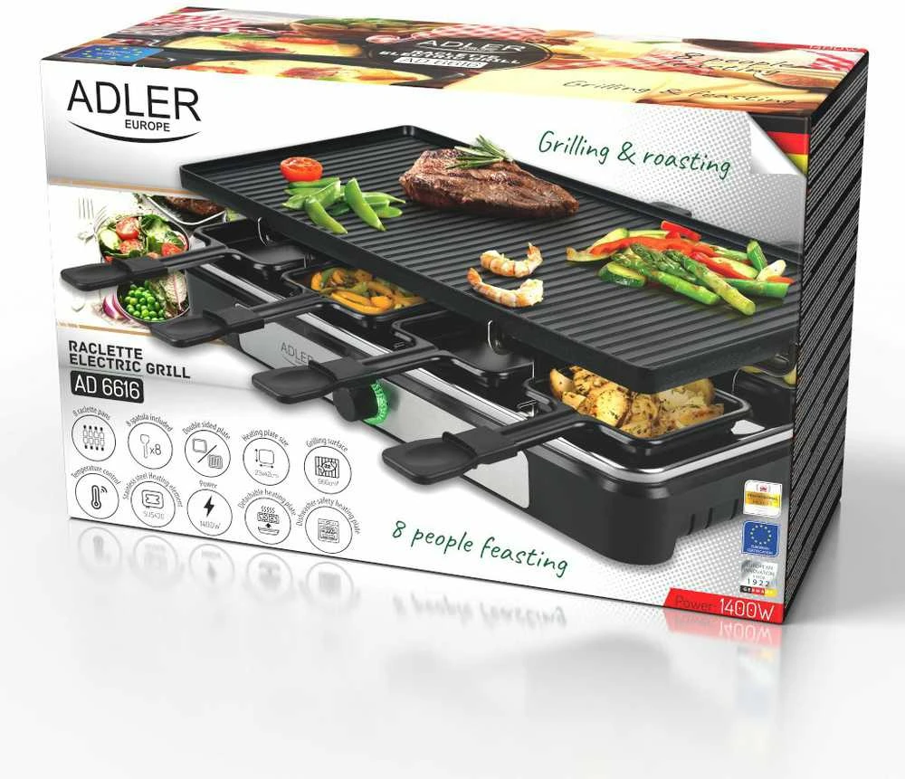 Adler | Raclette - electric grill | AD 6616 | Table | 1400 W | Juodas/Nerūdijantis plienas