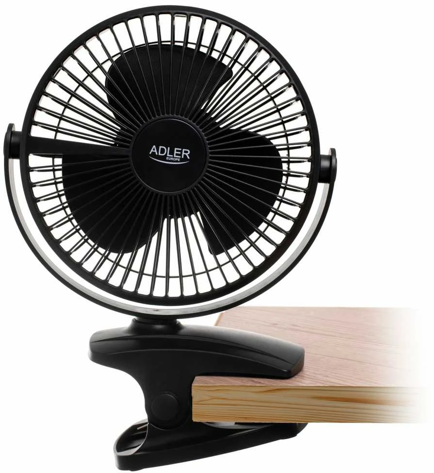 Ventiliatorius Adler Rechargeable Clip-on Desk Fan | AD 7342 | Table Fan | 5 W | Diameter 15.5 cm | Greičių skaičius 3 | Oscillation | Juodas