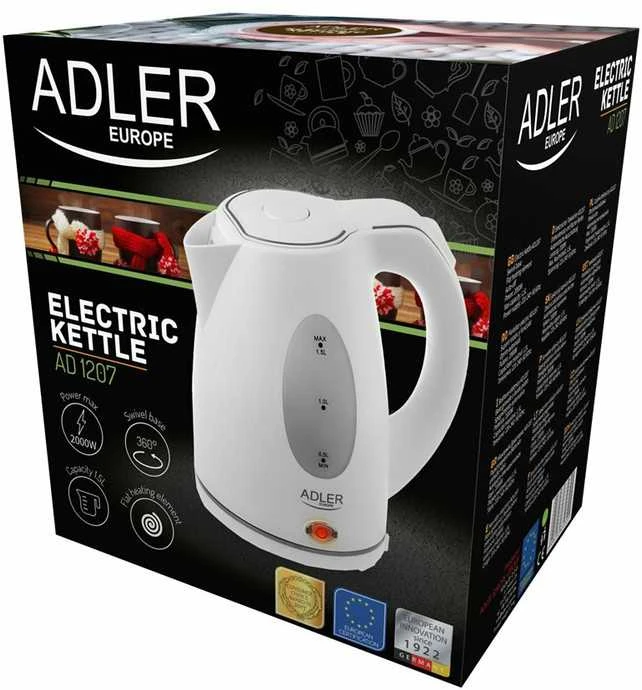 Adler | Virdulys | AD 1207 | Standartinis | 2000 W | 1,5 l | Plastikas | 360° sukamasis pagrindas | Baltas
