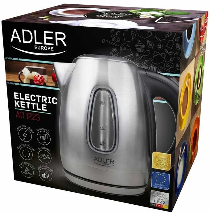 Adler | Virdulys | AD 1223 | Standard | 2200 W | 1.7 L | Nerūdijantis plienas | 360° rotational base | Nerūdijantis plienas