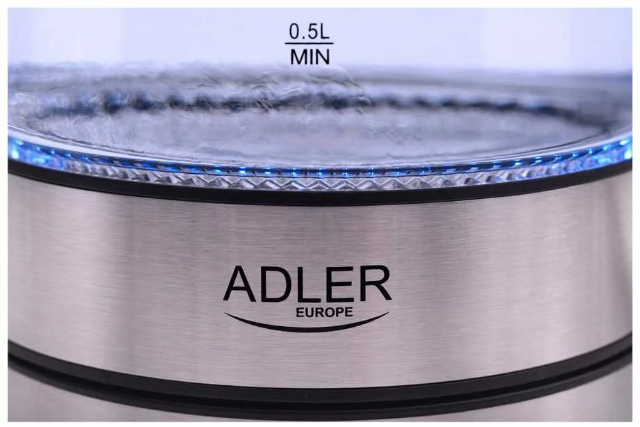 Adler | Virdulys | AD 1225 | Standard | 2000 W | 1.7 L | Glass | 360° rotational base | Nerūdijantis plienas/Transparent