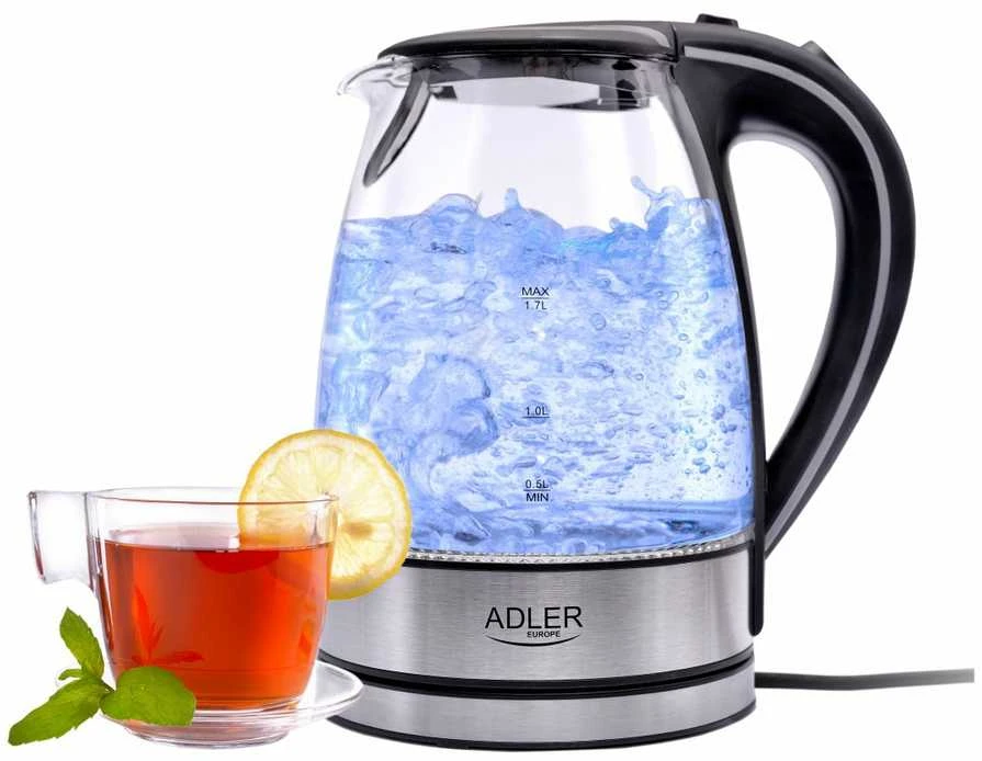 Adler | Virdulys | AD 1225 | Standard | 2000 W | 1.7 L | Glass | 360° rotational base | Nerūdijantis plienas/Transparent