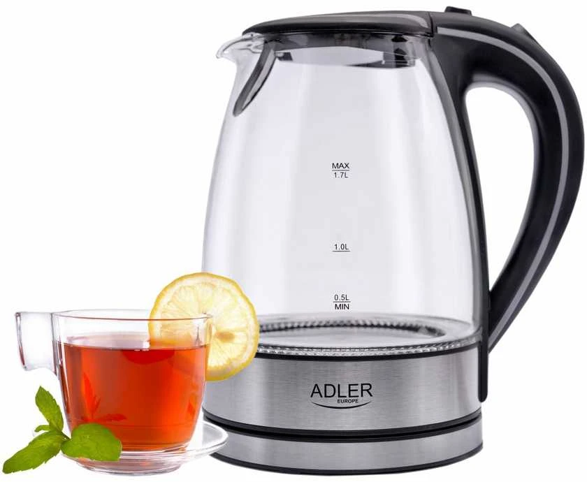 Adler | Virdulys | AD 1225 | Standard | 2000 W | 1.7 L | Glass | 360° rotational base | Nerūdijantis plienas/Transparent
