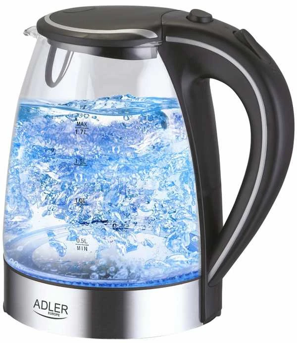 Adler | Virdulys | AD 1225 | Standard | 2000 W | 1.7 L | Glass | 360° rotational base | Nerūdijantis plienas/Transparent