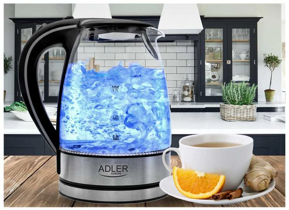 Adler | Virdulys | AD 1225 | Standard | 2000 W | 1.7 L | Glass | 360° rotational base | Nerūdijantis plienas/Transparent