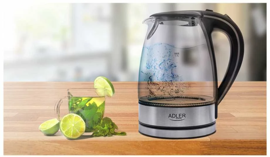Adler | Virdulys | AD 1225 | Standard | 2000 W | 1.7 L | Glass | 360° rotational base | Nerūdijantis plienas/Transparent