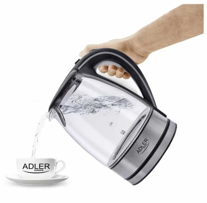 Adler | Virdulys | AD 1225 | Standard | 2000 W | 1.7 L | Glass | 360° rotational base | Nerūdijantis plienas/Transparent