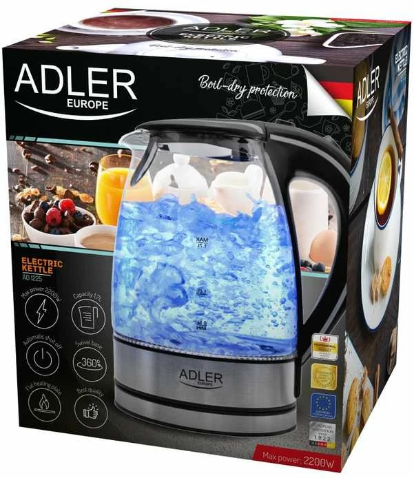 Adler | Virdulys | AD 1225 | Standard | 2000 W | 1.7 L | Glass | 360° rotational base | Nerūdijantis plienas/Transparent