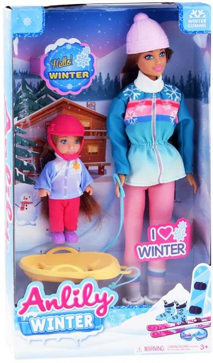 Anlily yra 30 cm lėlė ir 12 cm lėlė ant rogių žiemos sporto
