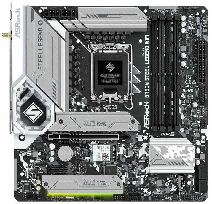 Pagrindinė plokštė ASROCK Intel B760 Express, LGA1700, Micro-ATX, Atmintis DDR5, Atminties lizdai 4, 1xPCI-Express 4.0 1x, 1xPCI-Express 5.0 16x, 4xM.2, 1xHDMI, 1xDisplayPort, 2xUSB, 2xUSB, 2x,3. 1xPS/2, 1xRJ45, 3xgarso prievadas, B760MSTEELLEGENDWIFI