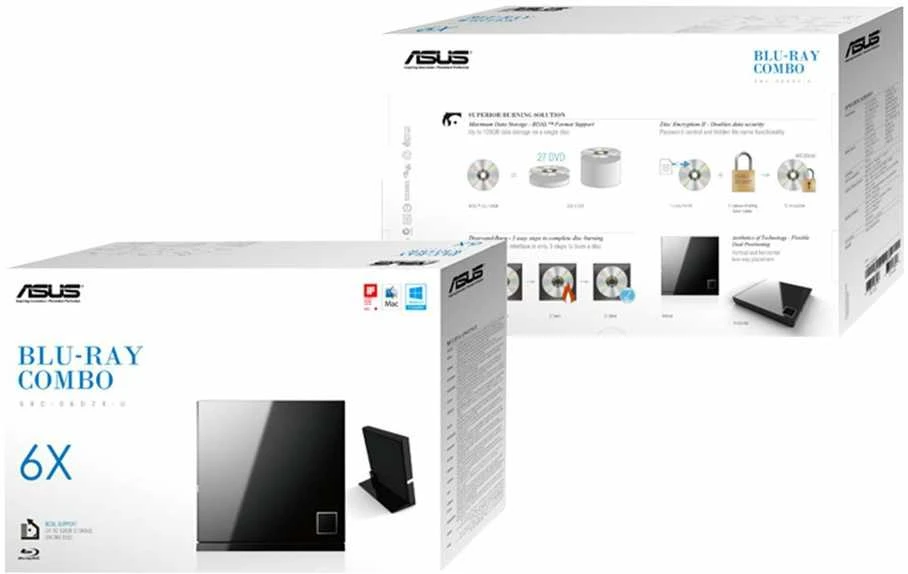 ASUS SBC-06D2X-U Išorinis plonas Blu-ray skaitymo diskas, Juodas, BDXL palaikymas, 6X Blu-ray skaitymo greitis, USB 2.0 Asus