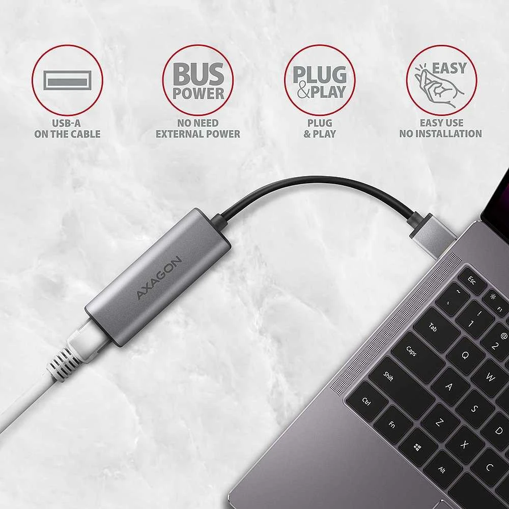 Axagon ADE-25R SUPERSPEED USB-A 2.5 GIGABIT ETHERNET Kompaktiškas aliuminio USB-A 3.2 Gen 1 2.5 Gigabit Ethernet 10/100/1000/2500 Mbit adapteris su automatiniu diegimu.