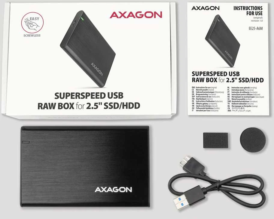 AXAGON Bevaržtinis aliuminio USB 3.2 Gen 1 - SATA 6G išorinė dėžutė, skirta 2,5" SSD / HDD | EE25-A6M