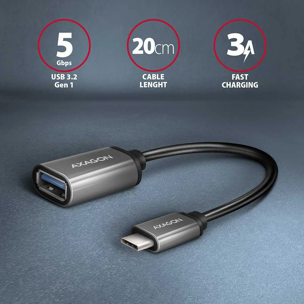 AXAGON RUCM-AFAC USB 3.2 Gen 1 Type-C Male > Type-A Female, kabelio adapteris 0,2m, 3A, ALU