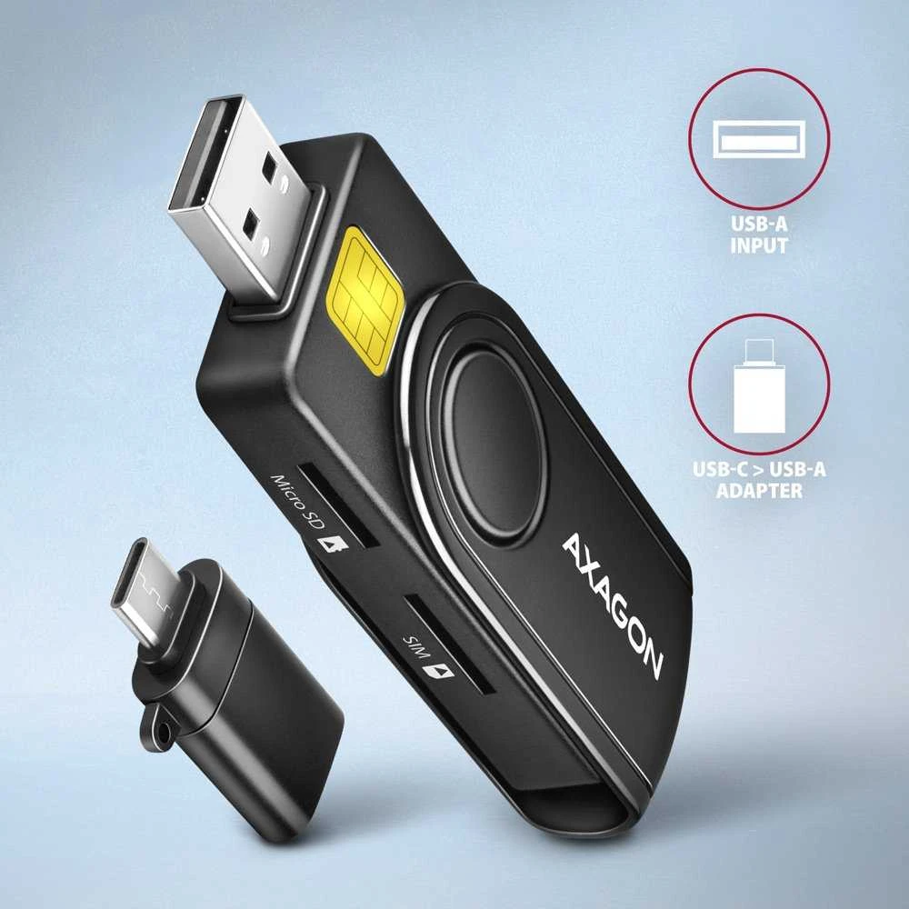 Axagon Compact Travel USB-A + USB-C kontaktas Smart / ID kortelė ir SD / Micro SD / SIM kortelių skaitytuvas.