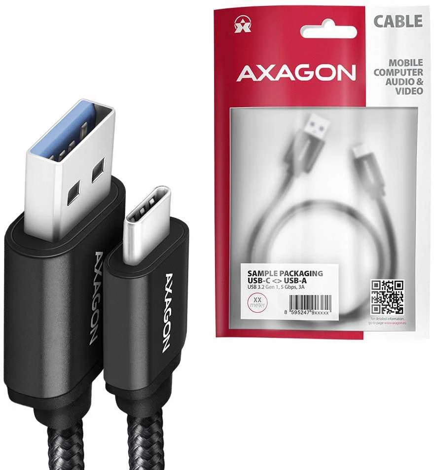 Axagon duomenų ir įkrovimo USB 3.2 Gen1 kabelis, kurio ilgis 2 m. 3A. Juodas pynė.