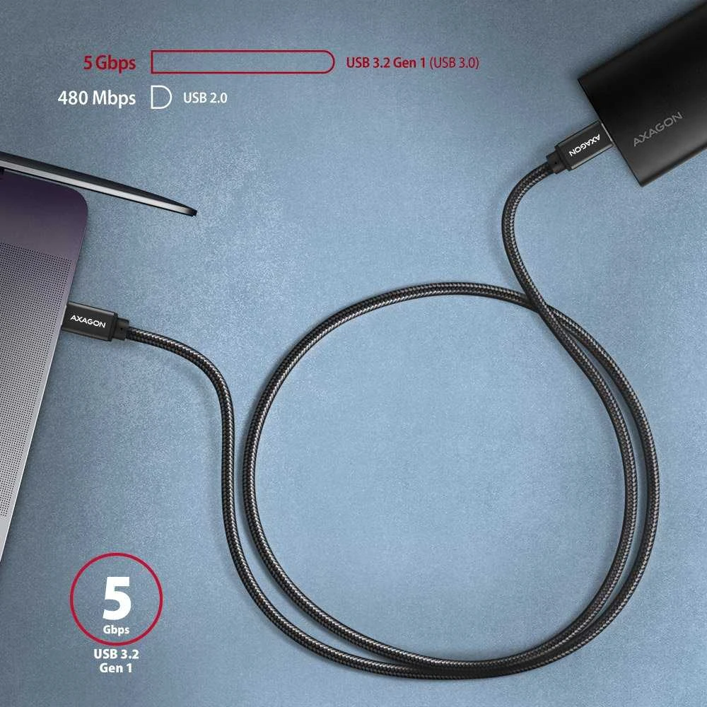 Kabelis AXAGON BUCM3-CM20AB USB-C < > USB-C 3.2 Gen 1/PD 60W/3A/ALU/Juodas pintas/2m