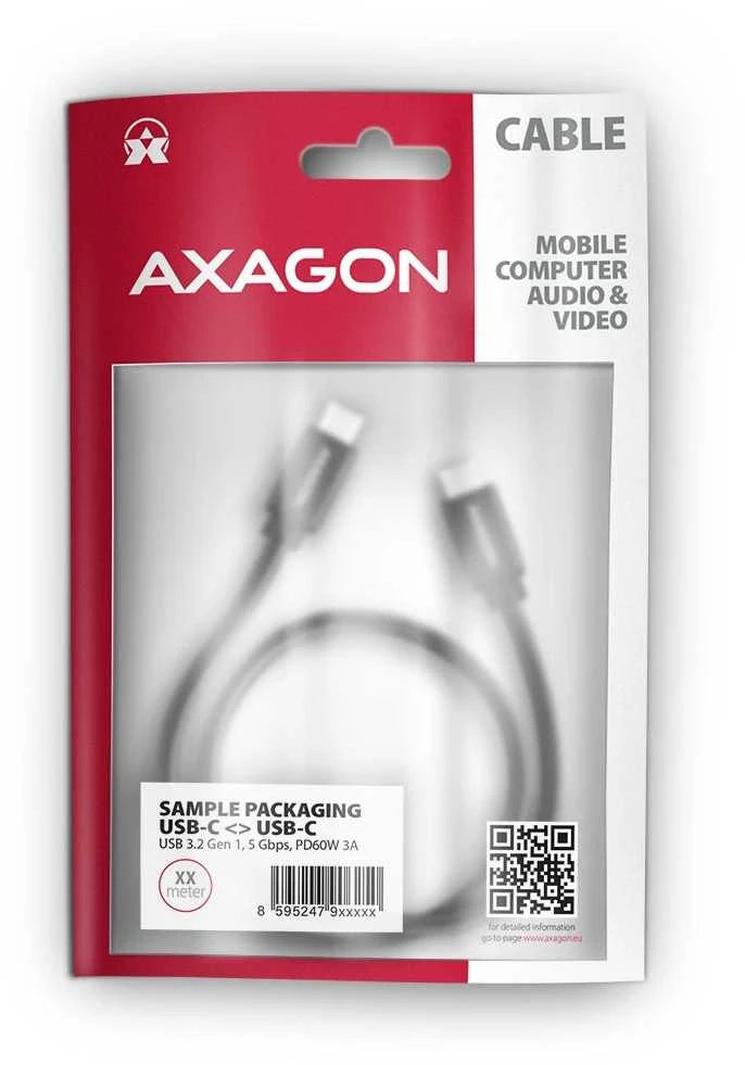 Kabelis AXAGON BUCM3-CM20AB USB-C < > USB-C 3.2 Gen 1/PD 60W/3A/ALU/Juodas pintas/2m