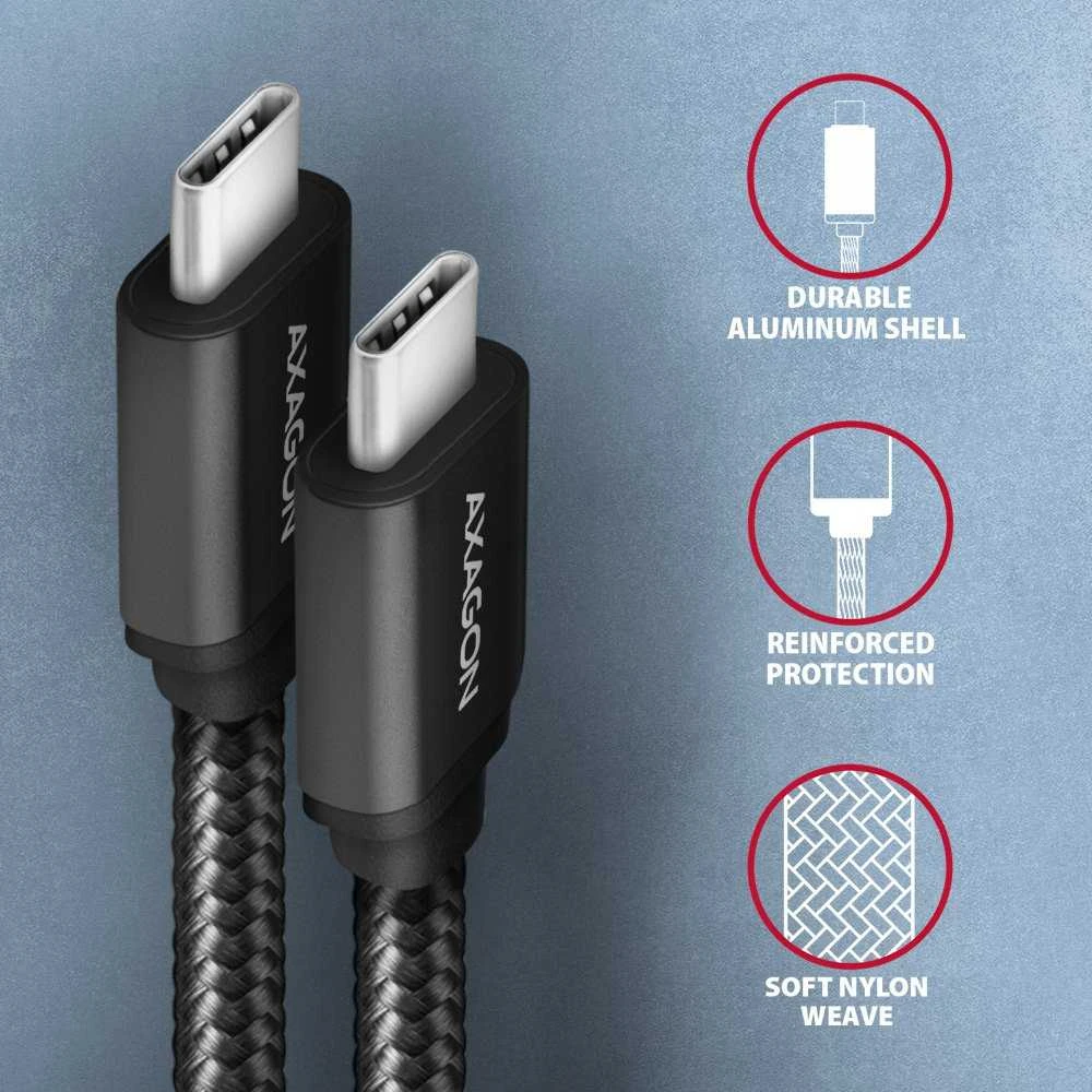 Kabelis AXAGON BUCM3-CM20AB USB-C < > USB-C 3.2 Gen 1/PD 60W/3A/ALU/Juodas pintas/2m