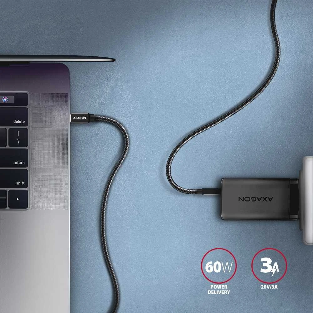 Kabelis AXAGON BUCM3-CM20AB USB-C < > USB-C 3.2 Gen 1/PD 60W/3A/ALU/Juodas pintas/2m