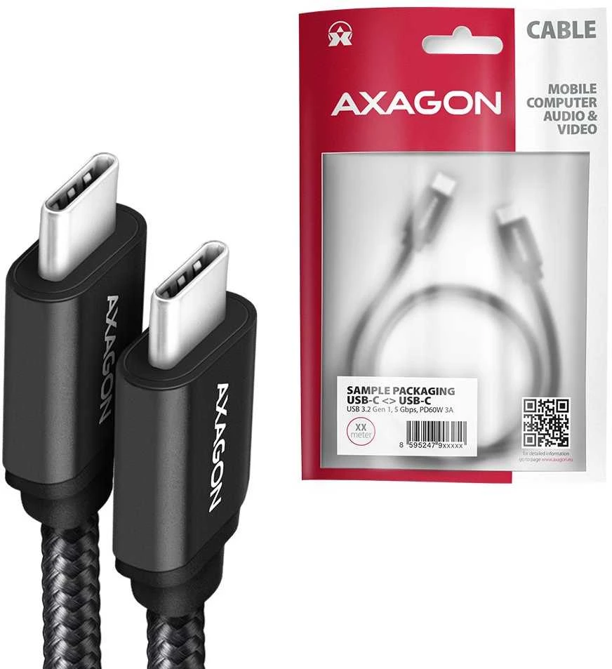 Kabelis AXAGON BUCM3-CM20AB USB-C < > USB-C 3.2 Gen 1/PD 60W/3A/ALU/Juodas pintas/2m