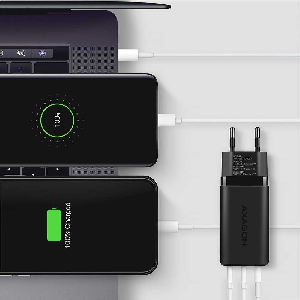 AXAGON GaN sieninis įkroviklis 3x prievadas (USB-A + 2x USB-C), 65W | ACU-DPQ65