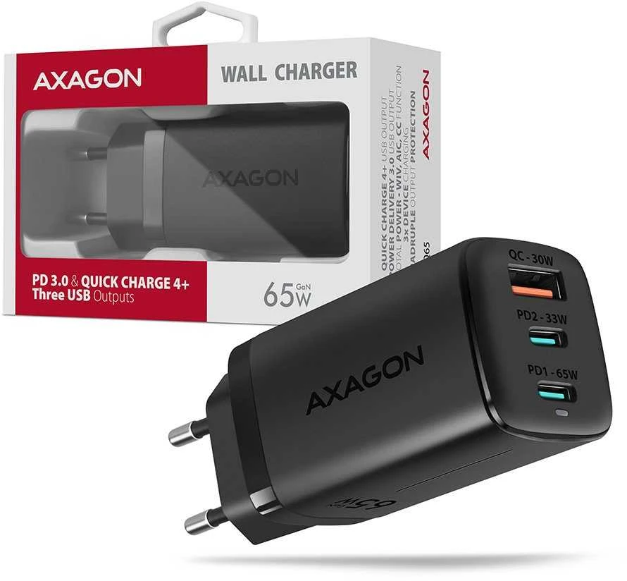 AXAGON GaN sieninis įkroviklis 3x prievadas (USB-A + 2x USB-C), 65W | ACU-DPQ65