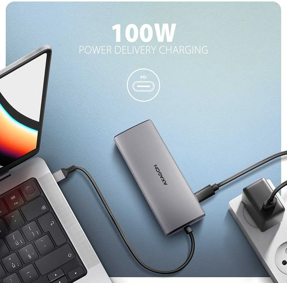 AXAGON HMC-6G2L 2x USB-A 10Gbps, 1x USB-C 10Gbps, 4K/60Hz HDMI, RJ-45, USB 3.2 Gen 2 šakotuvas, PD 100W, 15cm USB-C laidas