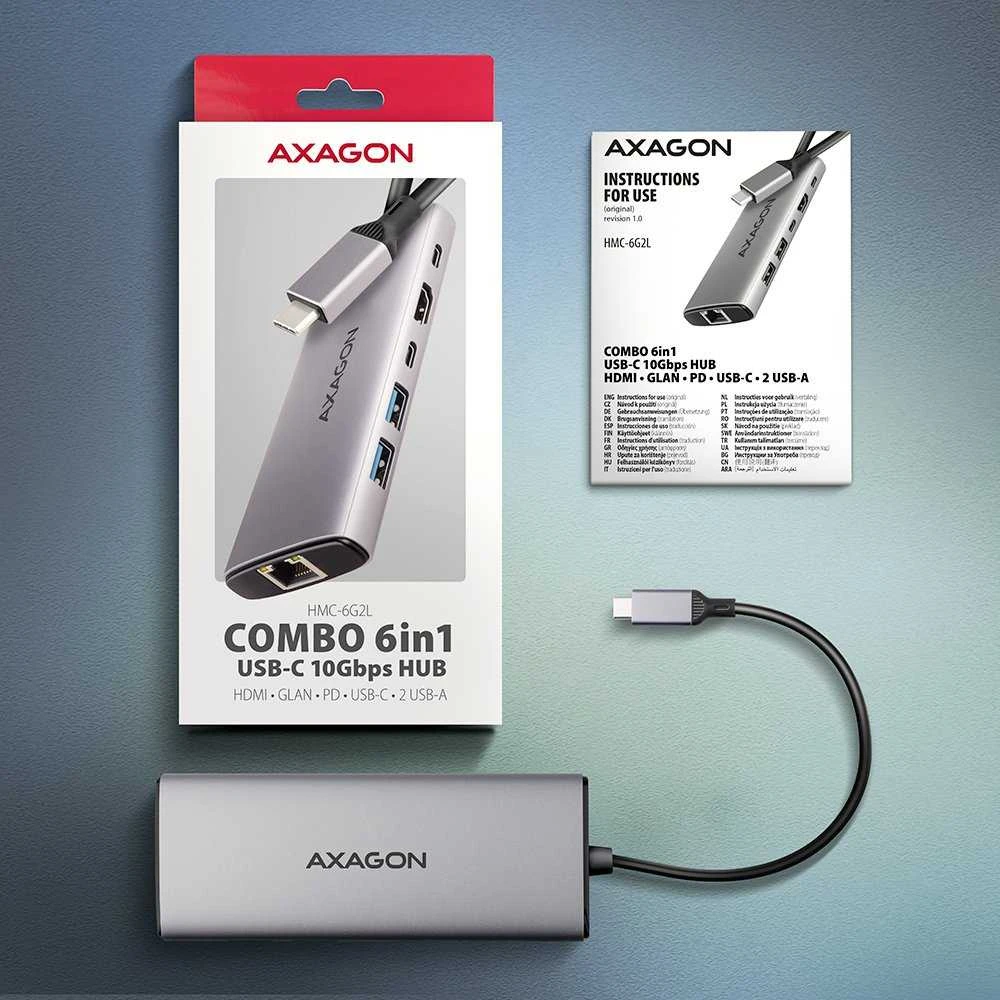 AXAGON HMC-6G2L 2x USB-A 10Gbps, 1x USB-C 10Gbps, 4K/60Hz HDMI, RJ-45, USB 3.2 Gen 2 šakotuvas, PD 100W, 15cm USB-C laidas