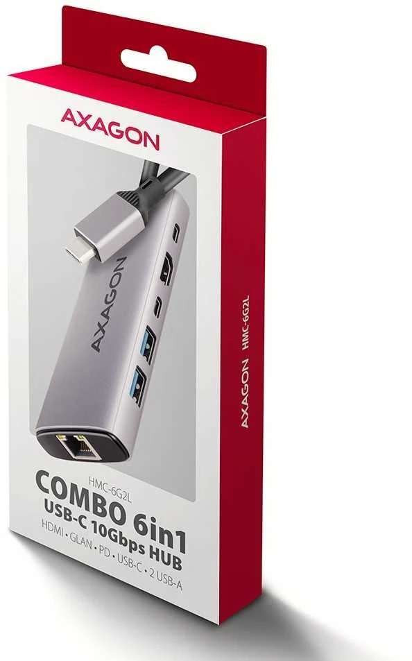 AXAGON HMC-6G2L 2x USB-A 10Gbps, 1x USB-C 10Gbps, 4K/60Hz HDMI, RJ-45, USB 3.2 Gen 2 šakotuvas, PD 100W, 15cm USB-C laidas