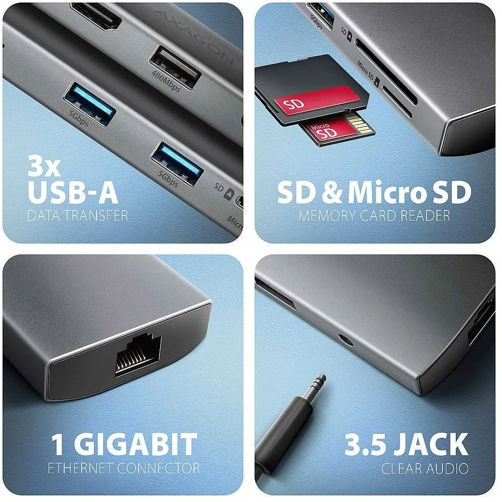 AXAGON HMC-8HLSA USB-C 3.2 Gen 1 šakotuvas, 3x USB-A + 4K/30Hz HDMI + SD / Micro SD, GLAN, garsas, PD 100 W, 20 cm USB-C laidas