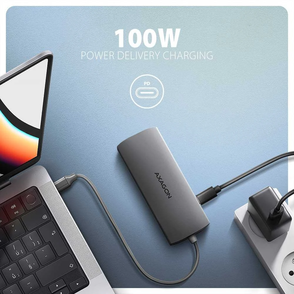 AXAGON HMC-8HLSA USB-C 3.2 Gen 1 šakotuvas, 3x USB-A + 4K/30Hz HDMI + SD / Micro SD, GLAN, garsas, PD 100 W, 20 cm USB-C laidas