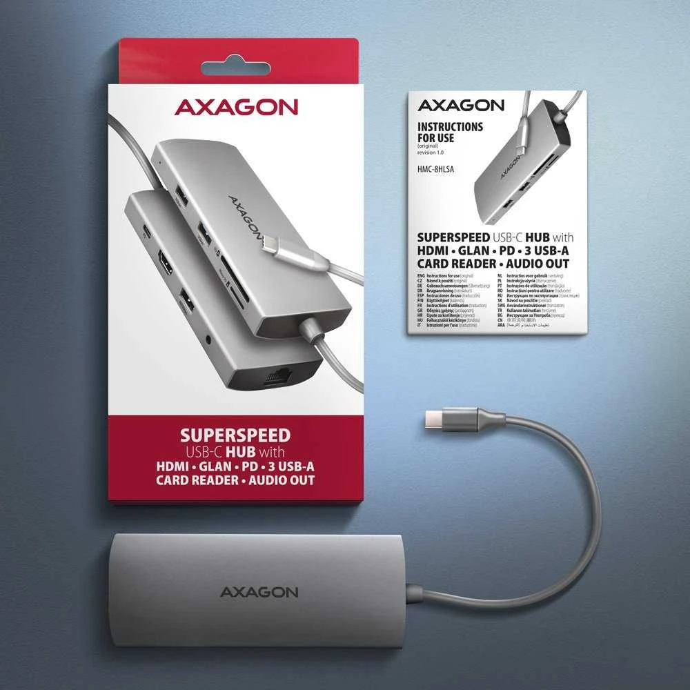 AXAGON HMC-8HLSA USB-C 3.2 Gen 1 šakotuvas, 3x USB-A + 4K/30Hz HDMI + SD / Micro SD, GLAN, garsas, PD 100 W, 20 cm USB-C laidas
