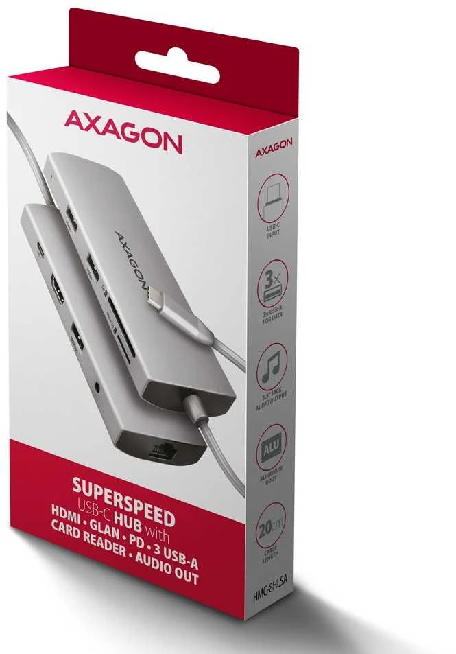 AXAGON HMC-8HLSA USB-C 3.2 Gen 1 šakotuvas, 3x USB-A + 4K/30Hz HDMI + SD / Micro SD, GLAN, garsas, PD 100 W, 20 cm USB-C laidas
