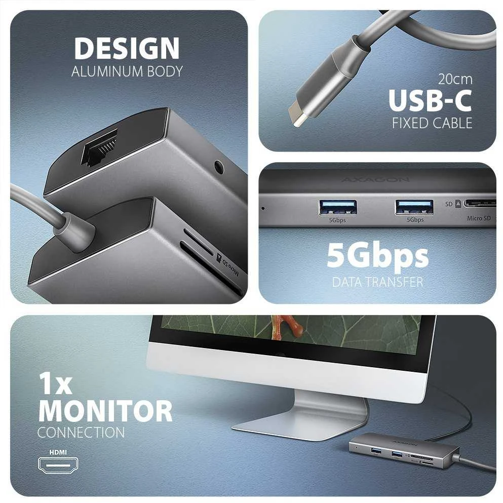 AXAGON HMC-8HLSA USB-C 3.2 Gen 1 šakotuvas, 3x USB-A + 4K/30Hz HDMI + SD / Micro SD, GLAN, garsas, PD 100 W, 20 cm USB-C laidas