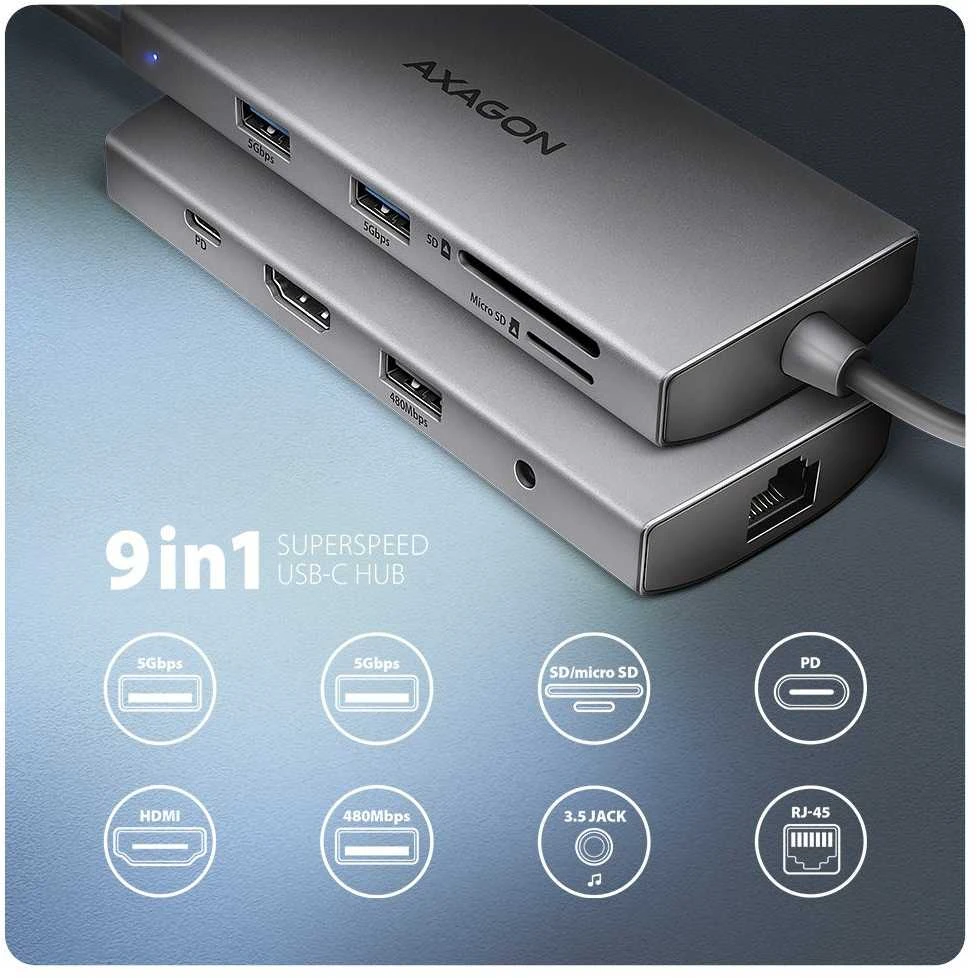 AXAGON HMC-8HLSA USB-C 3.2 Gen 1 šakotuvas, 3x USB-A + 4K/30Hz HDMI + SD / Micro SD, GLAN, garsas, PD 100 W, 20 cm USB-C laidas