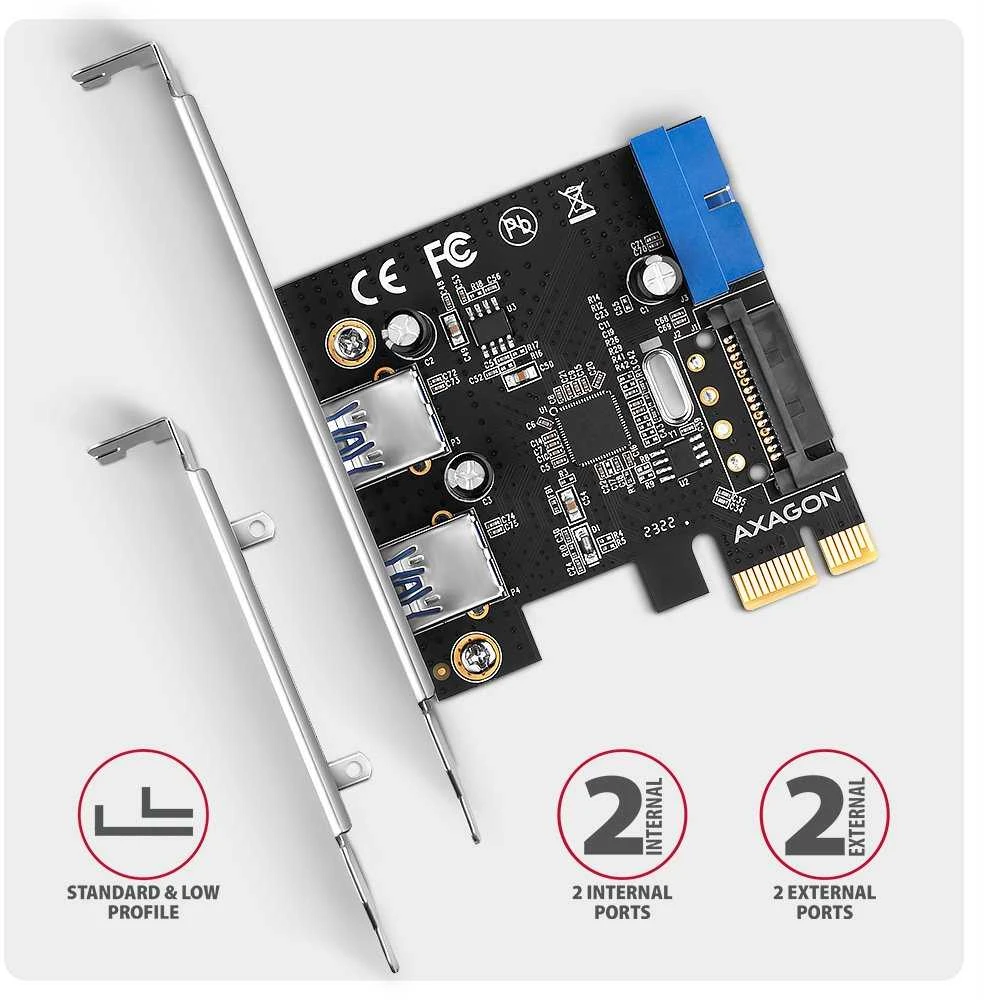 AXAGON PCEU-232RS PCIe kortelė - 2+2x USB 5Gbps prievadas, SATA maitinimas, Renesas PD720201, SP ir LP